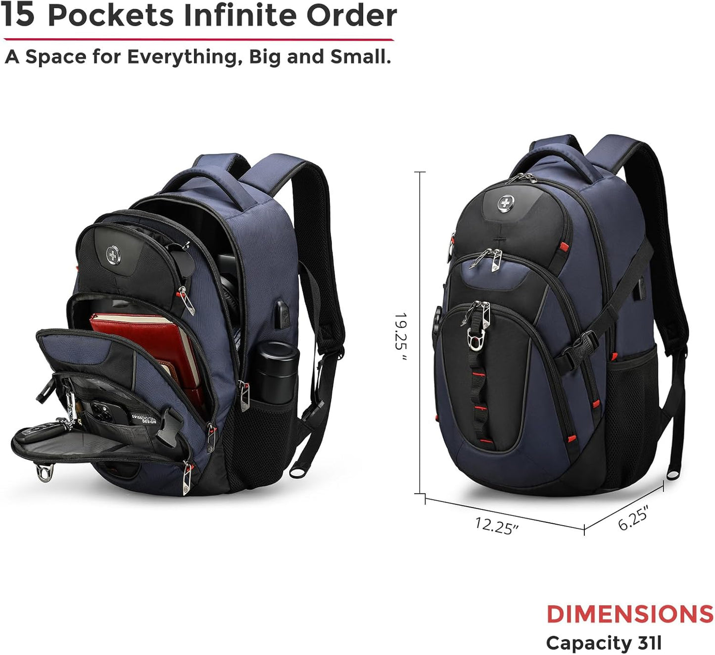 Swissdigital Design Laptop Backpack with USB Charging Port, TSA Travel Backpack Fits 15.6 inches Computer, 31L College School Backpack for Men, Blue/Black | SD803