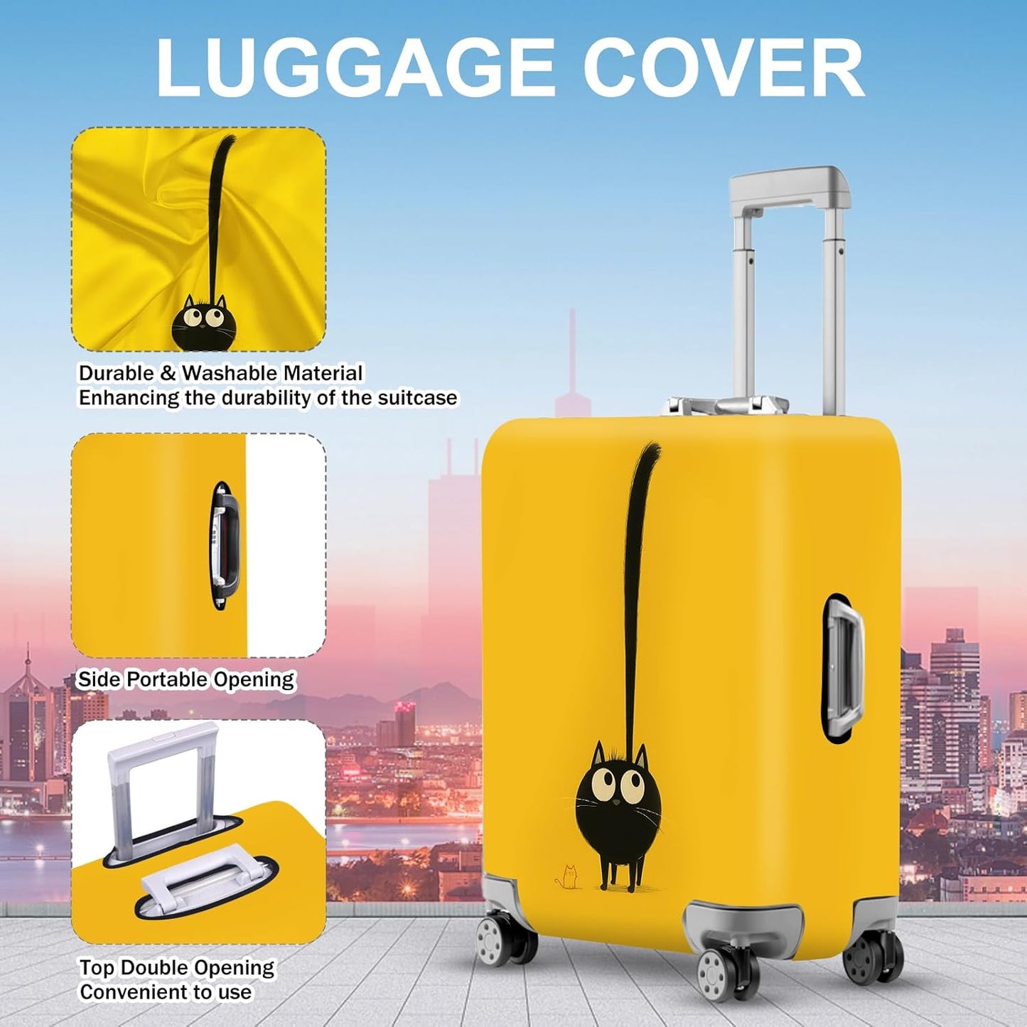 ANNA QUEEN Cute Black Cat Luggage Cover, Whimsical Cat Design with Long Tail, Stretchable, Washable Travel Protector for 24-26 Inch Luggage