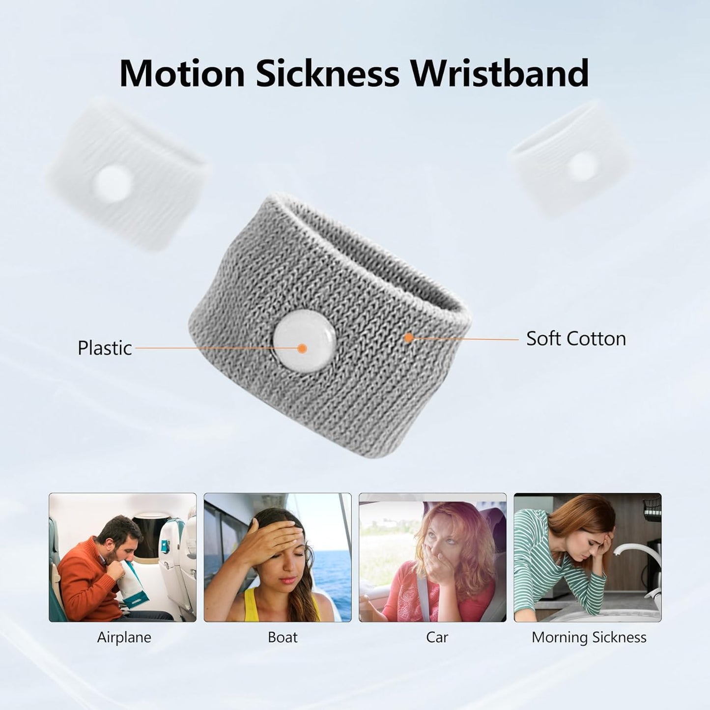 Motion Sickness Wristband, Anti-Nausea Acupressure Wrist Band for Nausea Relief, Dizziness and Vomiting from Car Sea Boat Flying Travel Sickness for Adults and Kids (Grey, Large, 2 Pairs)