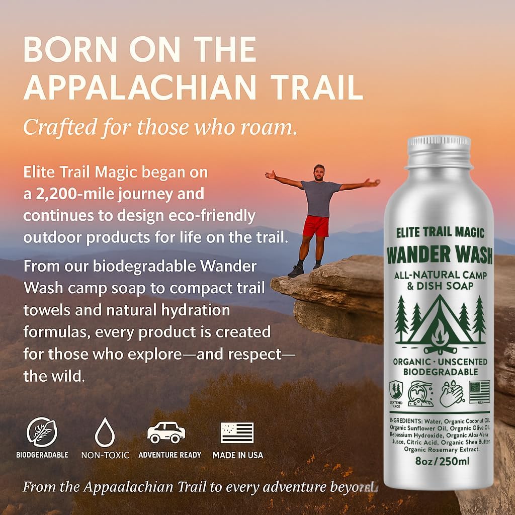 Wander Wash -Biodegradable Camp & Dish Soap Unscented | Made in USA | Organic All-Purpose Camping Gel Soap for Dishes, Hands & Gear – Eco-Friendly Reusable Aluminum Bottle | (8oz) (8floz/250ml)