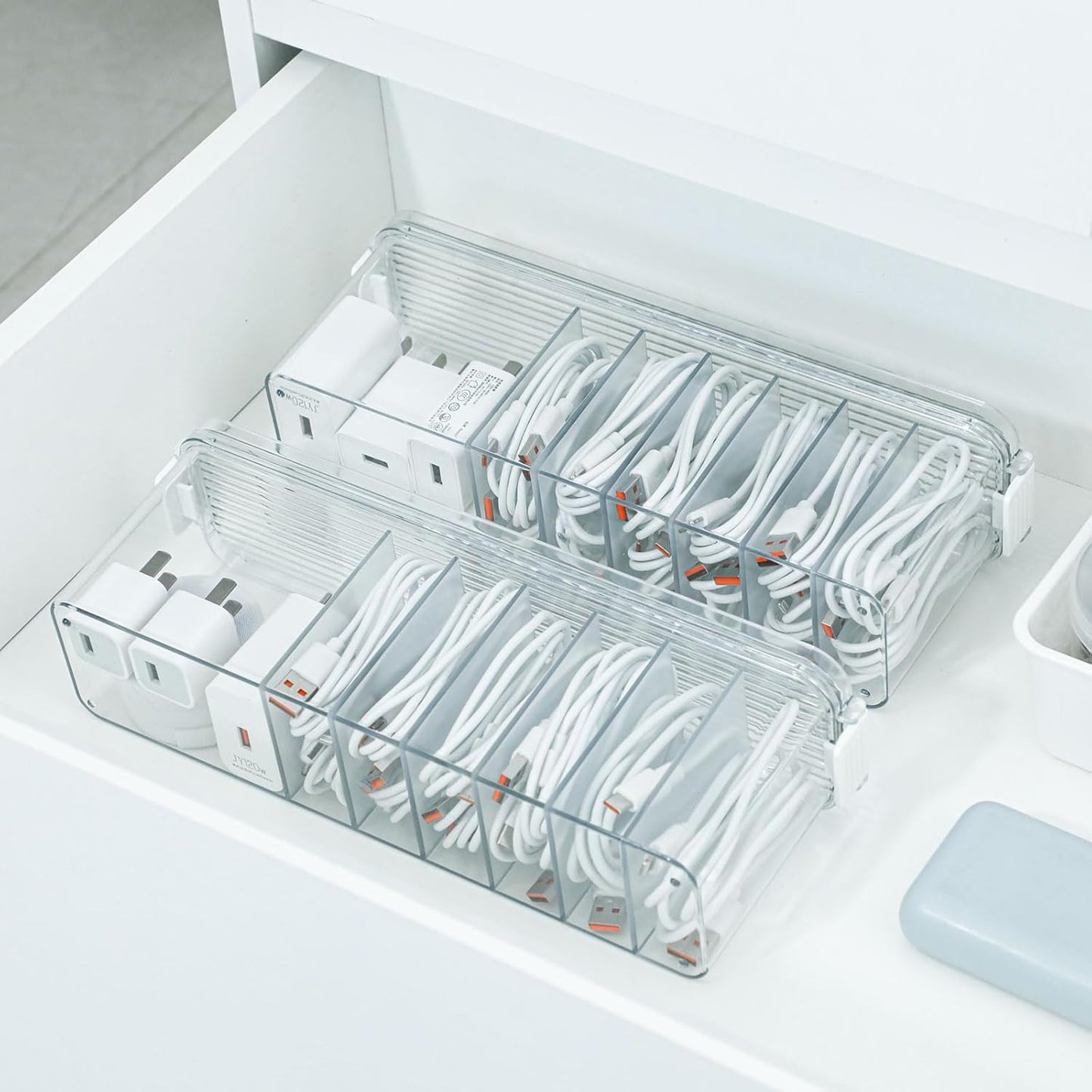 Yesesion 2 Pack Cord Organizer Box with Lid, Clear Desk Drawer Accessories Storage Case for Home Office Supplies, Art Crafts, Phone Charger, USB Cables, Marker Pen, Pencil Holder