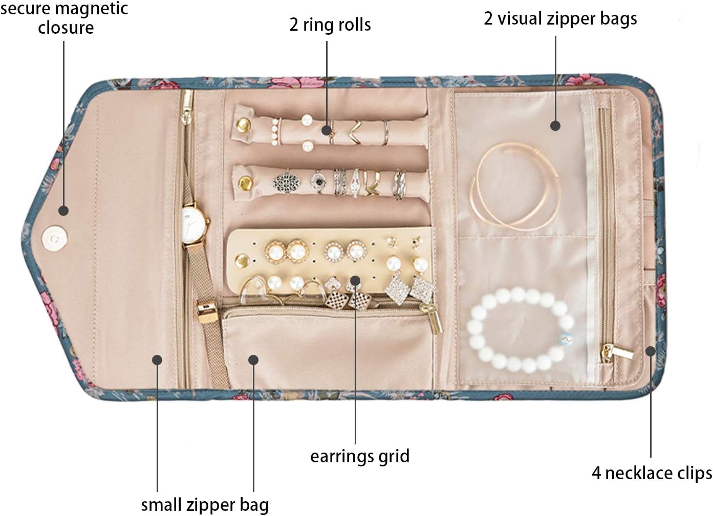 BAGSMART Travel Jewellery Organiser Roll Foldable Jewelry Case for Journey-Rings, Necklaces, Bracelets, Earrings, Flower Bird