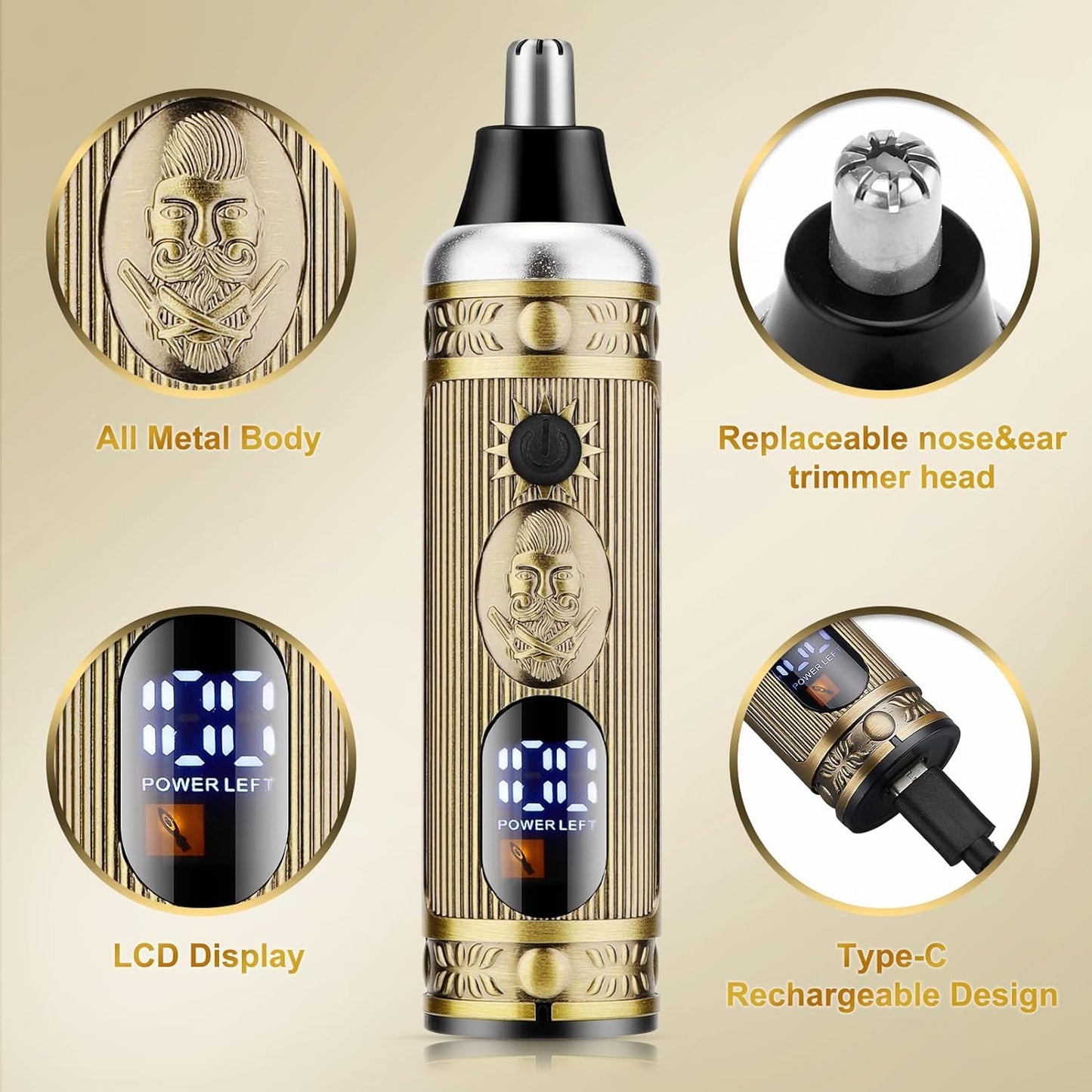 Hair Clippers for Men,Professional Cordless Barber Trimmer Set,Nose and Ear Hair Trimmer with Razor Replacement Head,USB Rechargeable Hair Cutting Grooming Kit-LED Display (Gold-1)