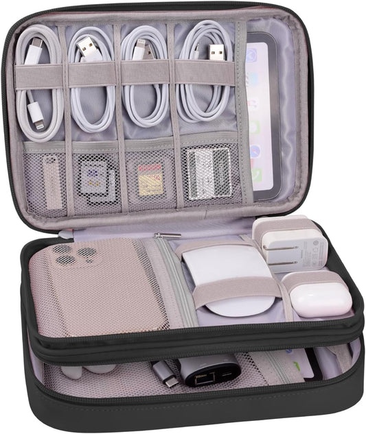 DDgro Travel Electronic Accessory Organizer for Keeping Cables Cords Chargers Phone Earphones SD Cards, Double Layers Storage Pouch Bag (Black, PU-Large)