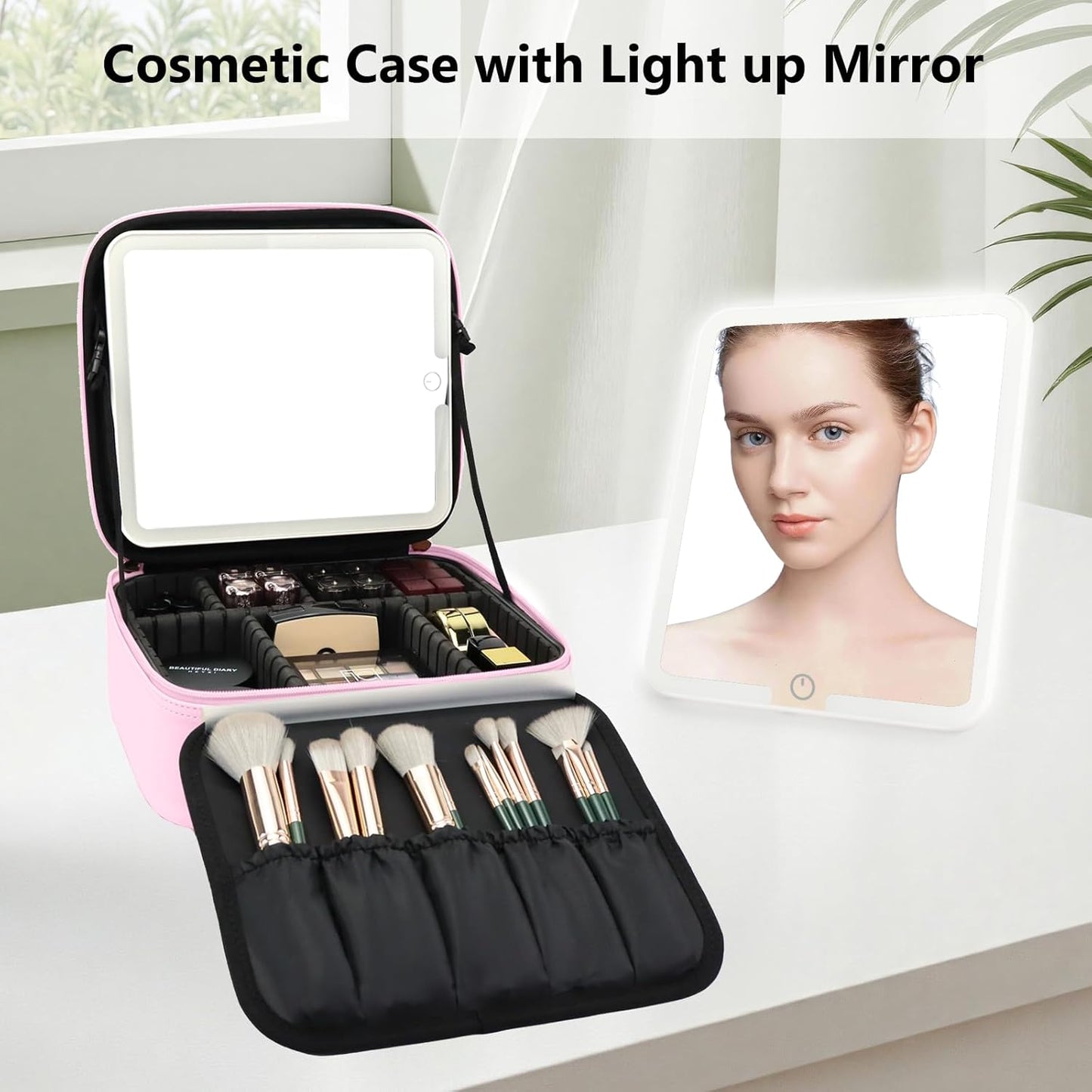 Travel Makeup Bag with LED Mirror Travel Makeup Organizer with 3 Lighted Settings, Adjustable Dividers and Makeup Brush Storage Bag Light Pink