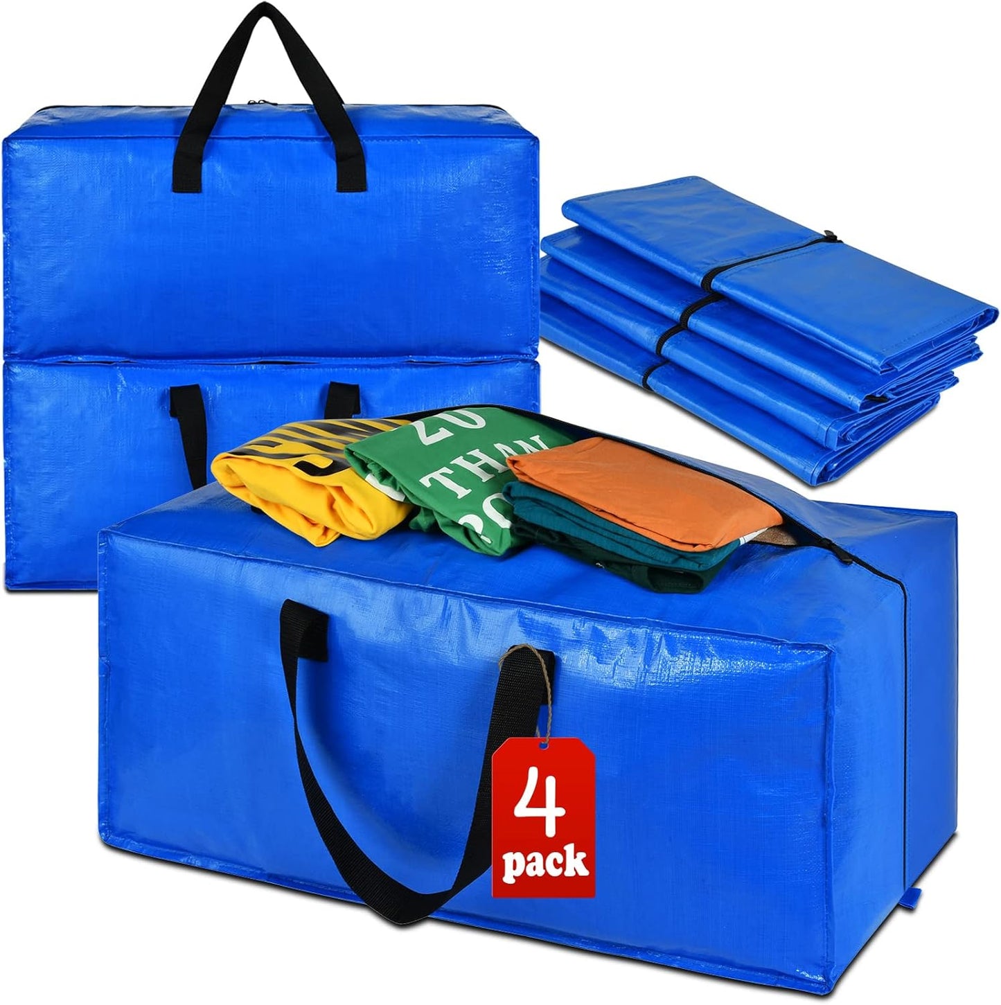 4 Pack Heavy Duty Extra Large Moving Bags Storage Tote - Strong Handles& Backpack Straps - Space Saving Storage Bags Alternative to Moving Boxes and Bins,Compatible with Ikea Frakta Cart, Blue