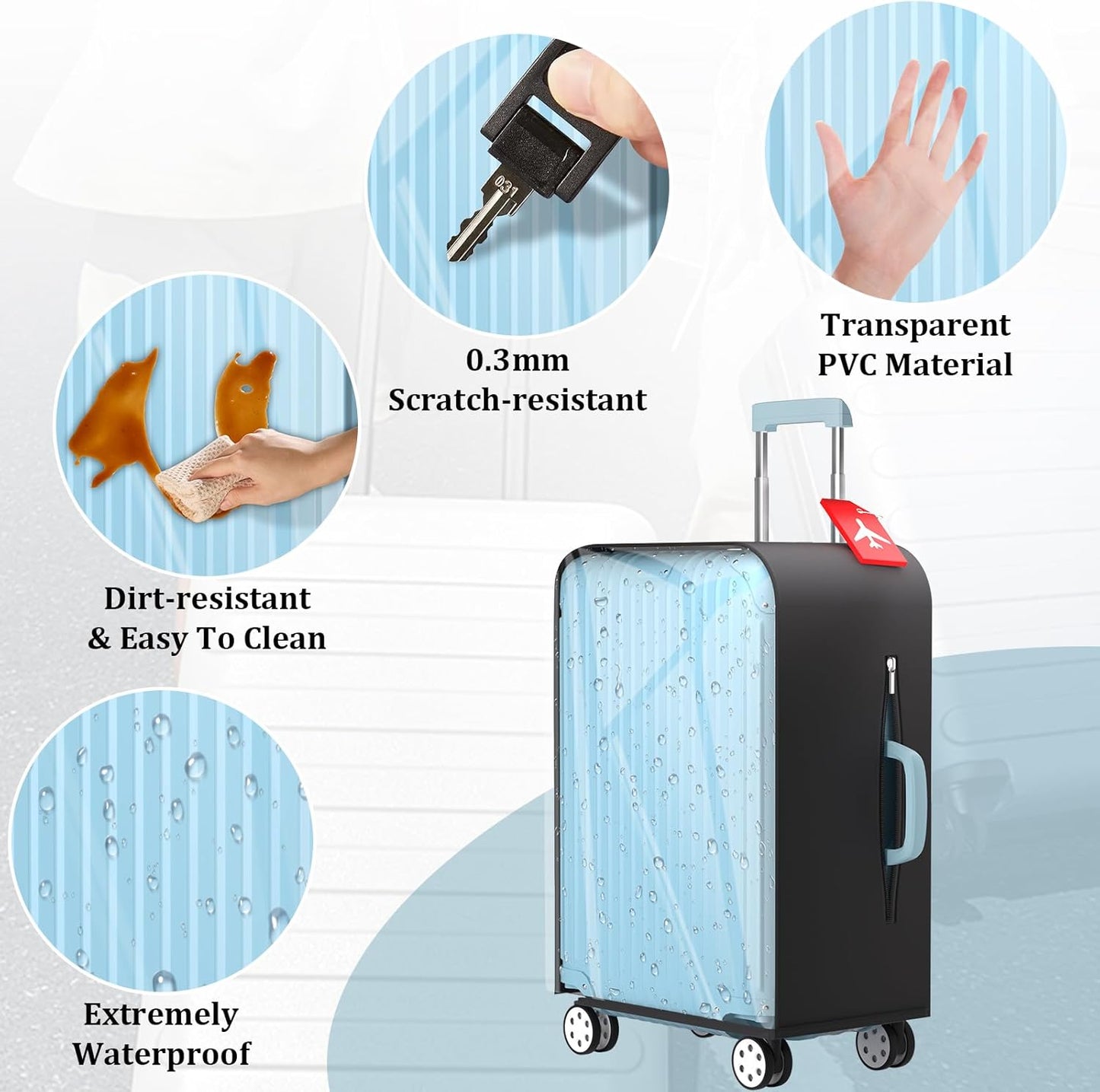 Upgraded Clear TPU Suitcase Cover Protector with Stretchable Black Sides, Fit 20 Inch Carry On Luggage TSA Approved, Waterproof & Anti-Scratch, Includes Free Red Luggage Tag