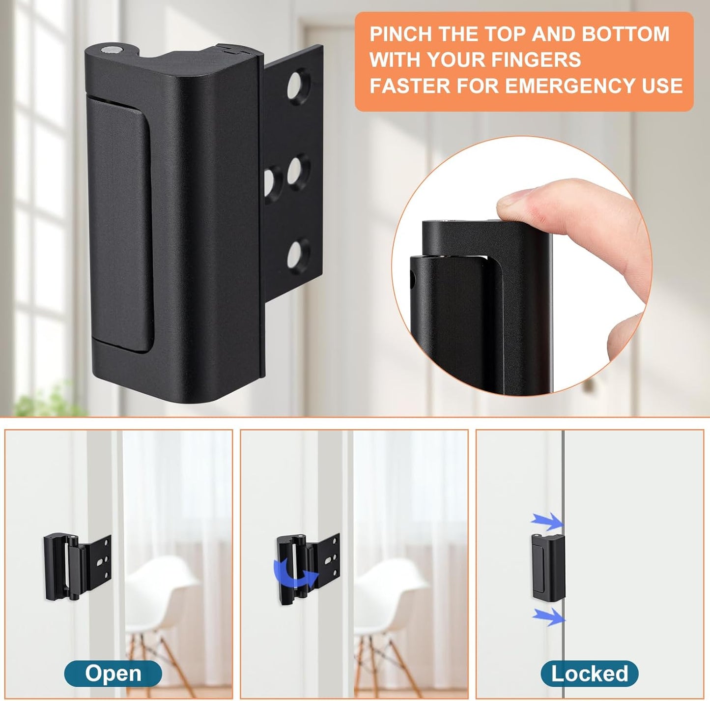 2 Pack Home Security Door Lock,Childproof Door Reinforcement Lock,with 3" Stop Withstand 800 lbs,for Inward Swing Doors,Night Kids Safety Metal Flip Lock Deadbolt Latch (Black)