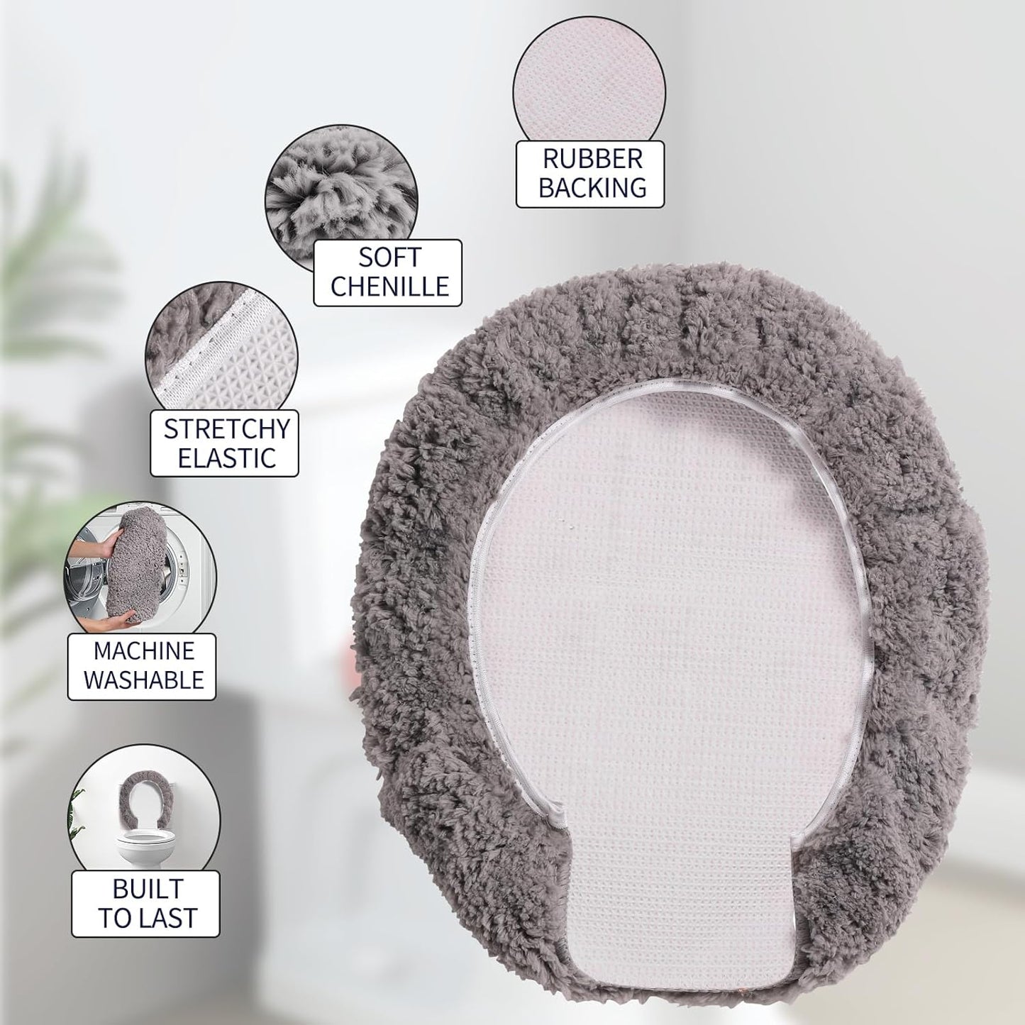 Microfiber Elongated Toilet Seat Cover 19.5"x 15" Machine Washable Solid Toilet Lid Cover Adjustable Rubber Backing Fits Most 18-19.5" L x 14-16" W Elongated Toilet Seat