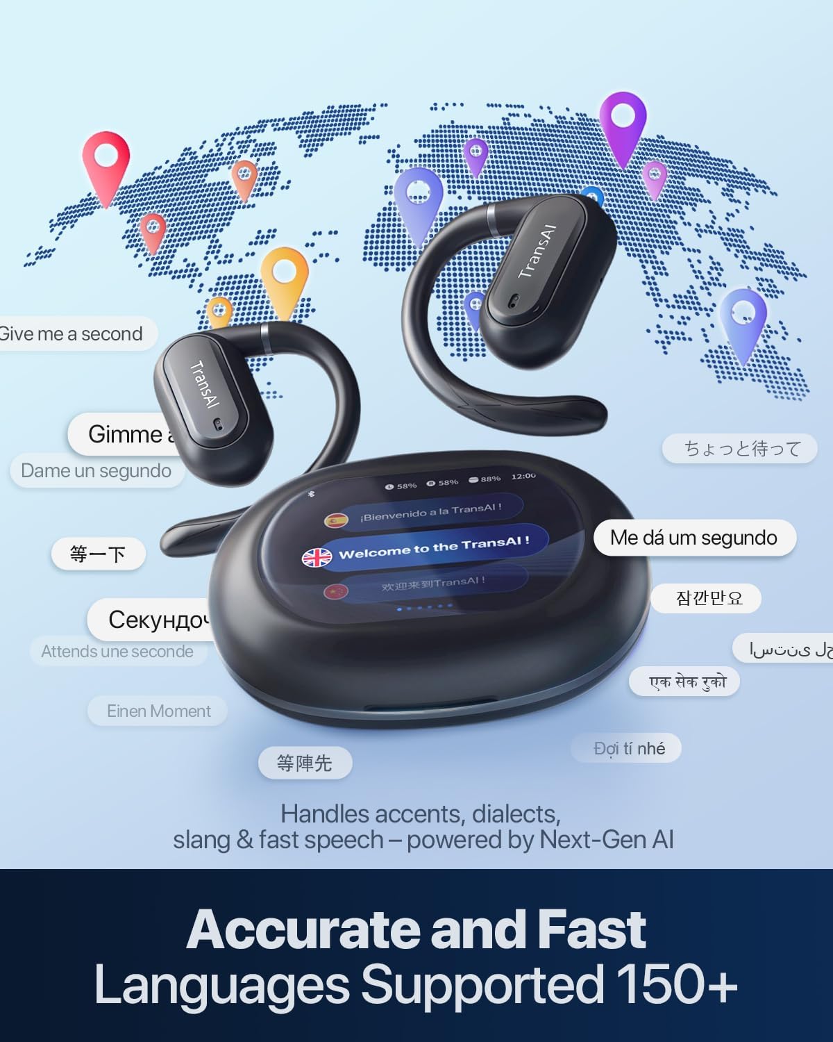 GO1 Real-time Phone Call Translaton Earbuds, 3-in-1 AI Translator Earbuds with Adjustable Earhook Open-Ear Translating Ear Bud Supports 150+ Languages for Video Calls, Business Visits