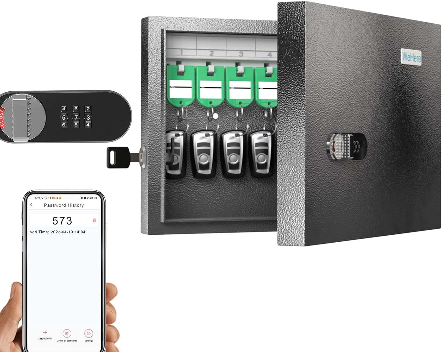 WeHere Key Lock Box, Wall Mount Key Cabinet With 16 Key Tags & Combination Lock - Mini ERP - Great for Valets, Hotels and House Keeps
