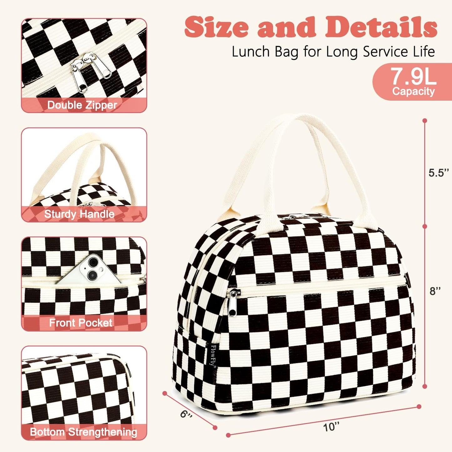 FlowFly Lunch Bag for Women Insulated Lunch Box Corduroy Lunch Tote Cooler for Travel Work Picnic,Corduroy Plaid Black