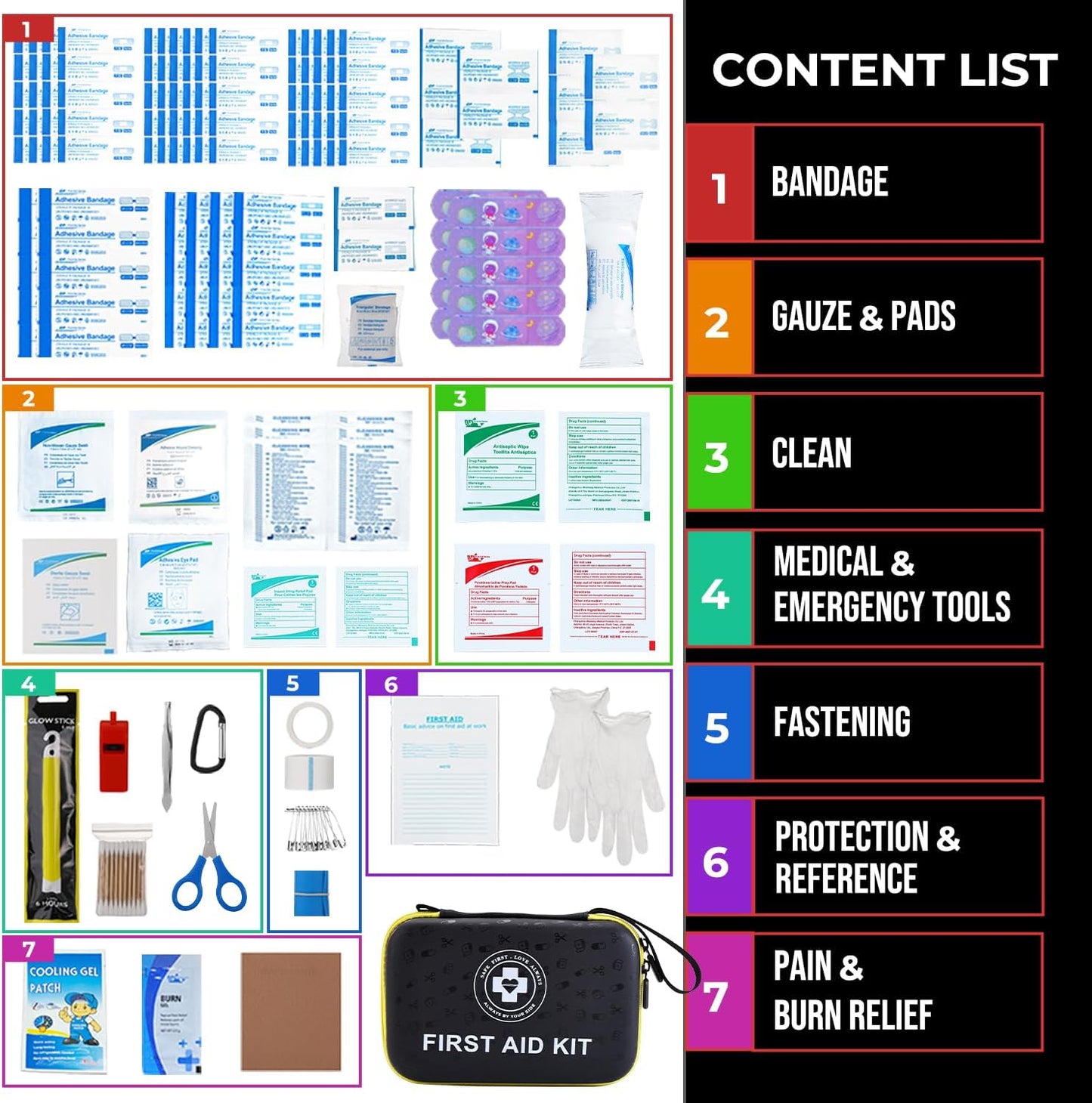Premium First Aid Kit - 305 Piece Dual-Color Emergency Kit with Hard Shell & Fluorescent Interior Coating, Compact Survival Kit for Home, Car, Travel, Hiking & Outdoor (Black/Yellow)