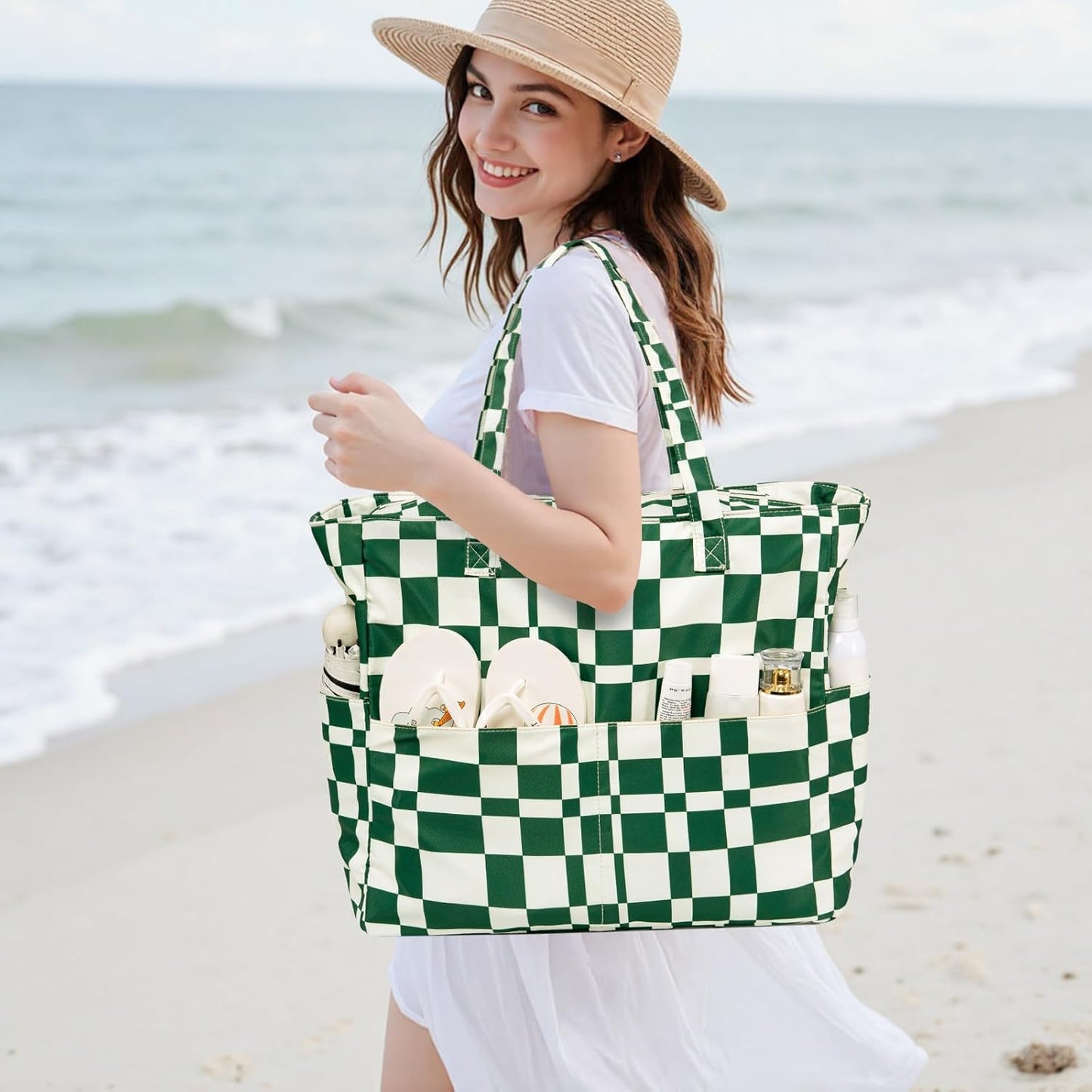 Waterproof Beach Tote Pool Bags for Women Ladies Extra Large Gym Tote Carry On Bag With Wet Compartment for Weekender Travel