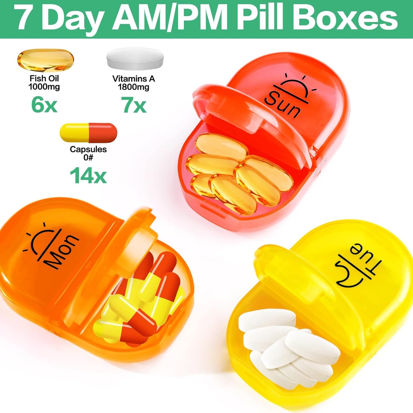 Serfeymi Weekly Travel Pill Organizer 2 Times A Day AM PM Upgraded Rainbow Pill Box 7 Day with Portable Zipper Canvas Pill Case, Medicine Organizer for Pills, Vitamins, Fish Oils - Black 02