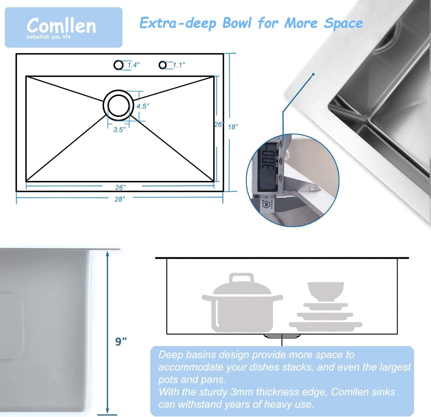 Comllen 28 Inch Drop in Kitchen Sink,28x18 Inch Top Mount 18 Gauge Stainless Steel Deep Kitchen Sinks,Brushed Nickel Single Bowl RV Laundry Utility Sink