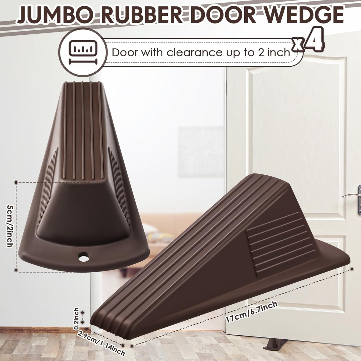 Frienda 4 Pcs Jumbo Door Stoppers Heavy Duty Door Stopper Tall up to 2inch Tall Wedge TPR Large Wedge Stackable Big Rubber Doorstop for Hotel Carpet Hardwood Concrete and Tile (Coffee)