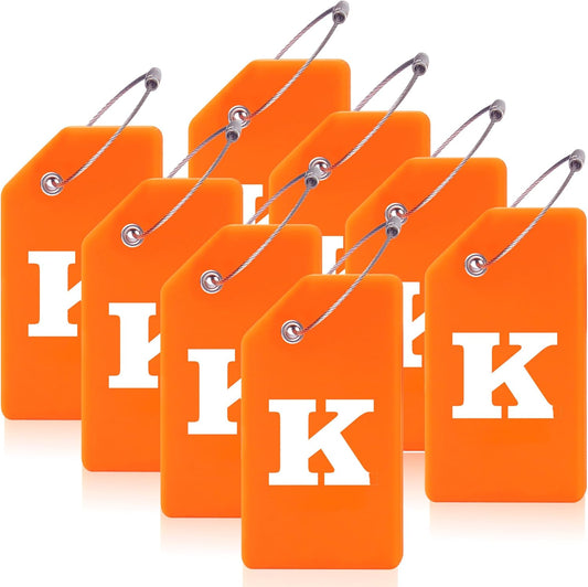 8 Pcs Luggage Tags for Suitcases, 26 Initial Letter Travel Luggage Baggage Identification Labels ID Tags Fully Bendable Tags with Stainless Steel Loop (Letter K, Orange)