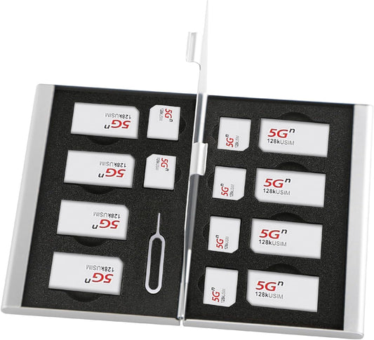 Aluminum SIM Card Case, 15Slots Ultrathin SIM Card Holder, Fit for 8 SIM Card, 6 Micro sim Card, and 1 Cell Phone Eject Pin Slots, Silver