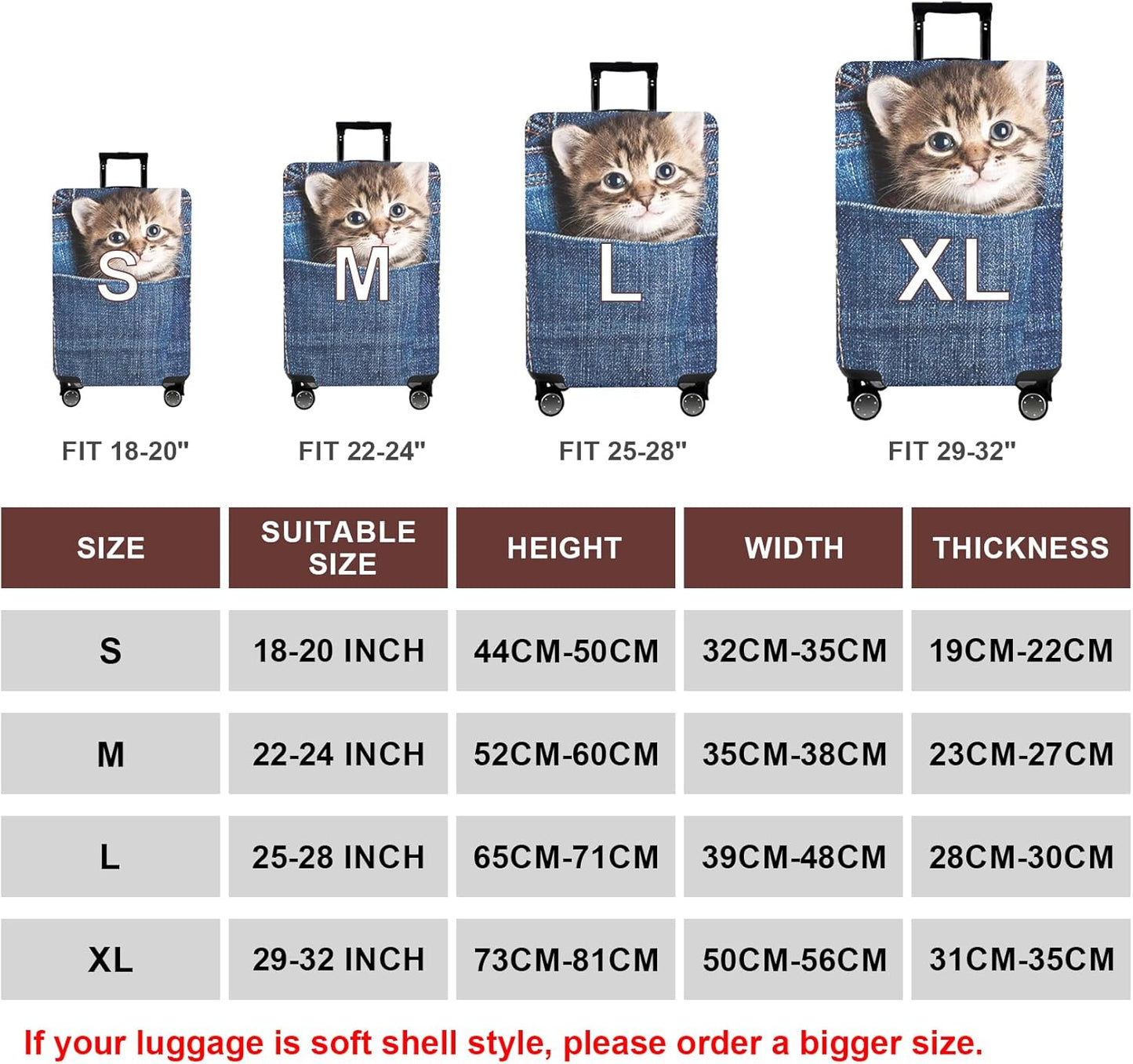 WUJIAONIAO Travel Luggage Cover Baggage Suitcase Cover Protector Skins 18-32 Inch (Cat B, S (for 18-20 inch luggage))