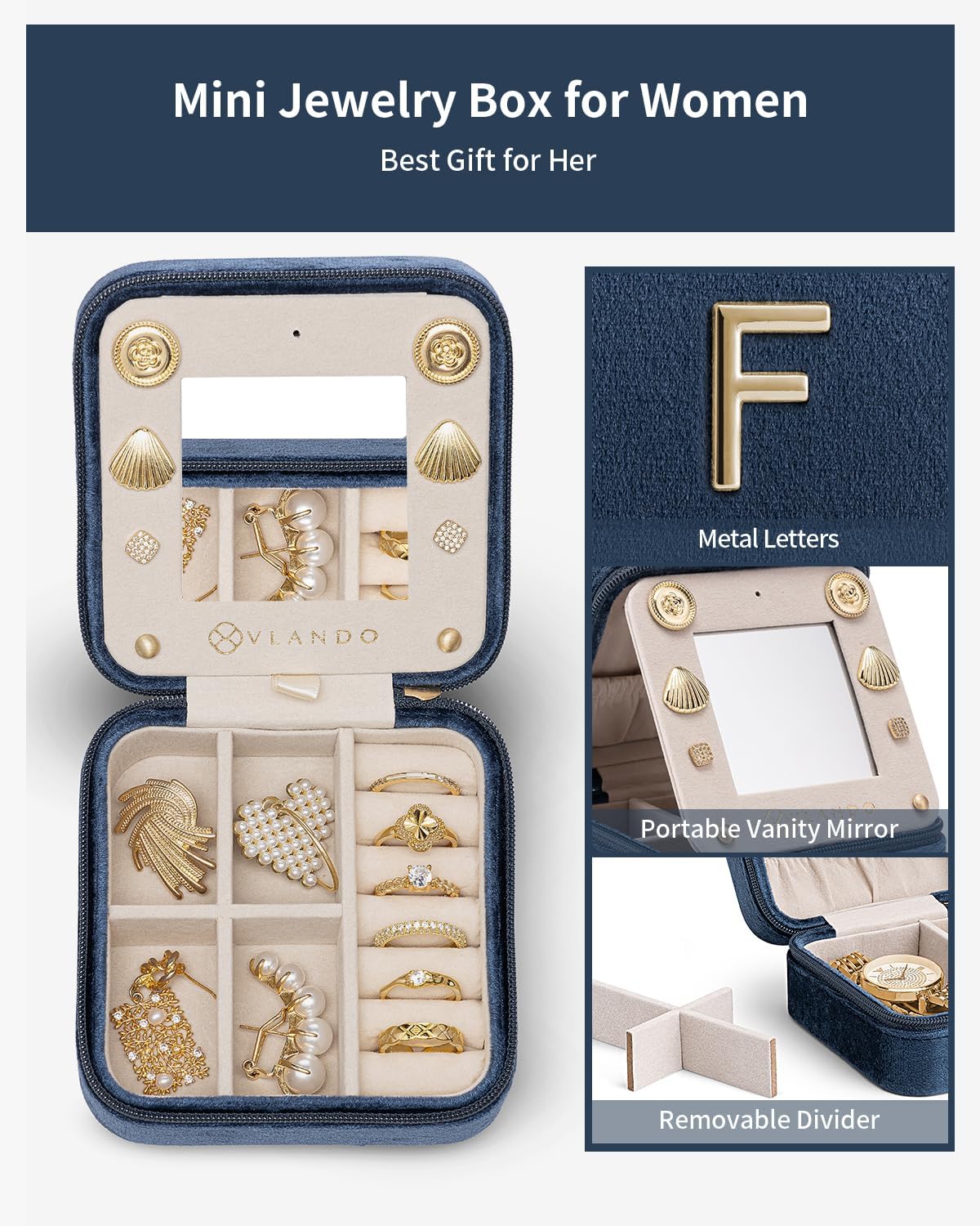 Vlando Jewelry Box for Aunt Gifts from Niece Nephew, Birthday Gifts for Aunt Auntie, Unique Gifts for Aunt Auntie Travel Jewelry Case, Auntie Gifts for Wedding Anniversary - Letter F, Dark Blue