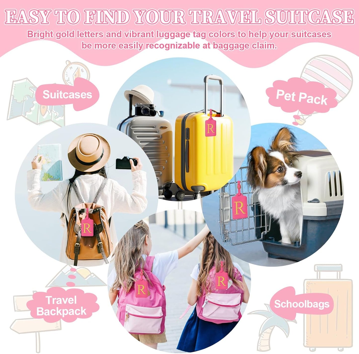Personalized Initial Luggage Tags - Cute Red Leather Monogrammed Tags with Privacy Cover for Women Kids