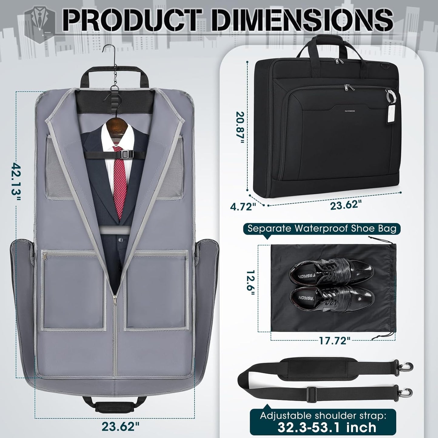RAINSMORE Garment Bags for Travel Carry On Garment Bag for Hanging Clothes, Suit Bag for Business Trips with Shoes bag & Shoulder Strap, Waterproof Foldable Suit Luggage Bag for Men Women, Black