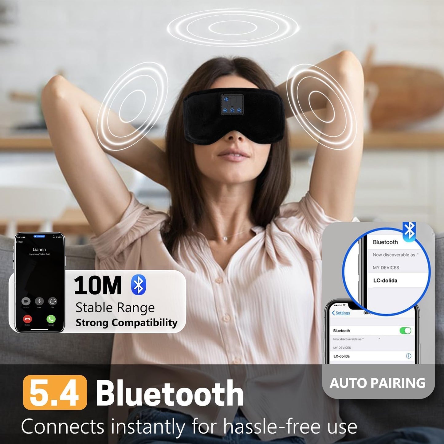 Sleep Mask with Bluetooth Headphones 3D Contour Sleeping Headphones 5.4 Wireless Bluetooth, Ultra-Thin Stereo Speakers Blackout Eye Masks for Men Women Travel Sleep
