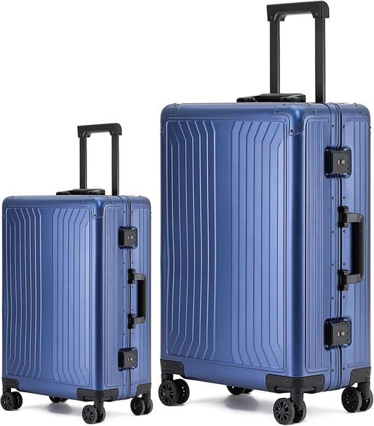 Metal all aluminum carry-on suitcase 20 "hard face, TSA lock and rotating wheel zippered luggage set (blue, 2Piece(20/28))