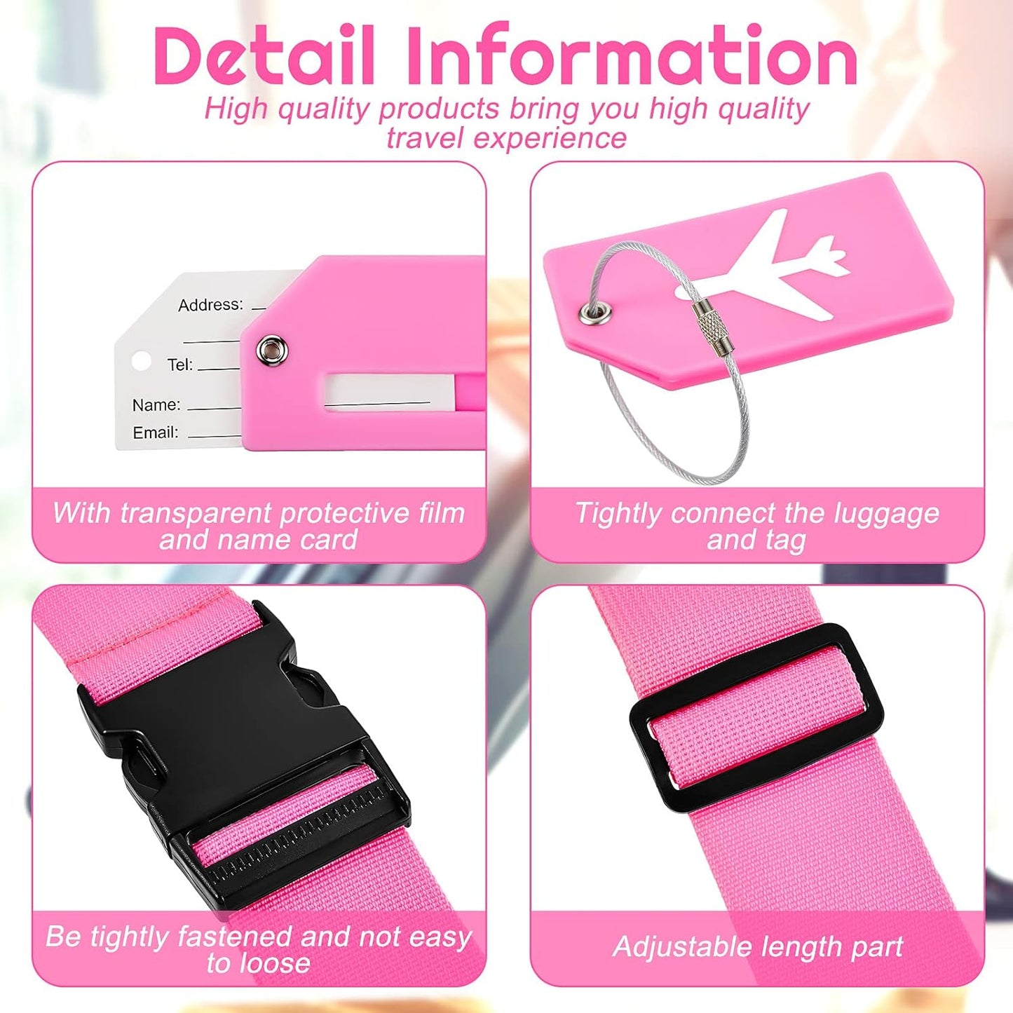 Weewooday 8 Pcs Luggage Straps Suitcase Tags Set for TSA Approved, 4 Travel Adjustable Suitcase Belt, 4 Silicone Luggage Tags with Name ID Card Travel Accessories(Pink,Airplane)