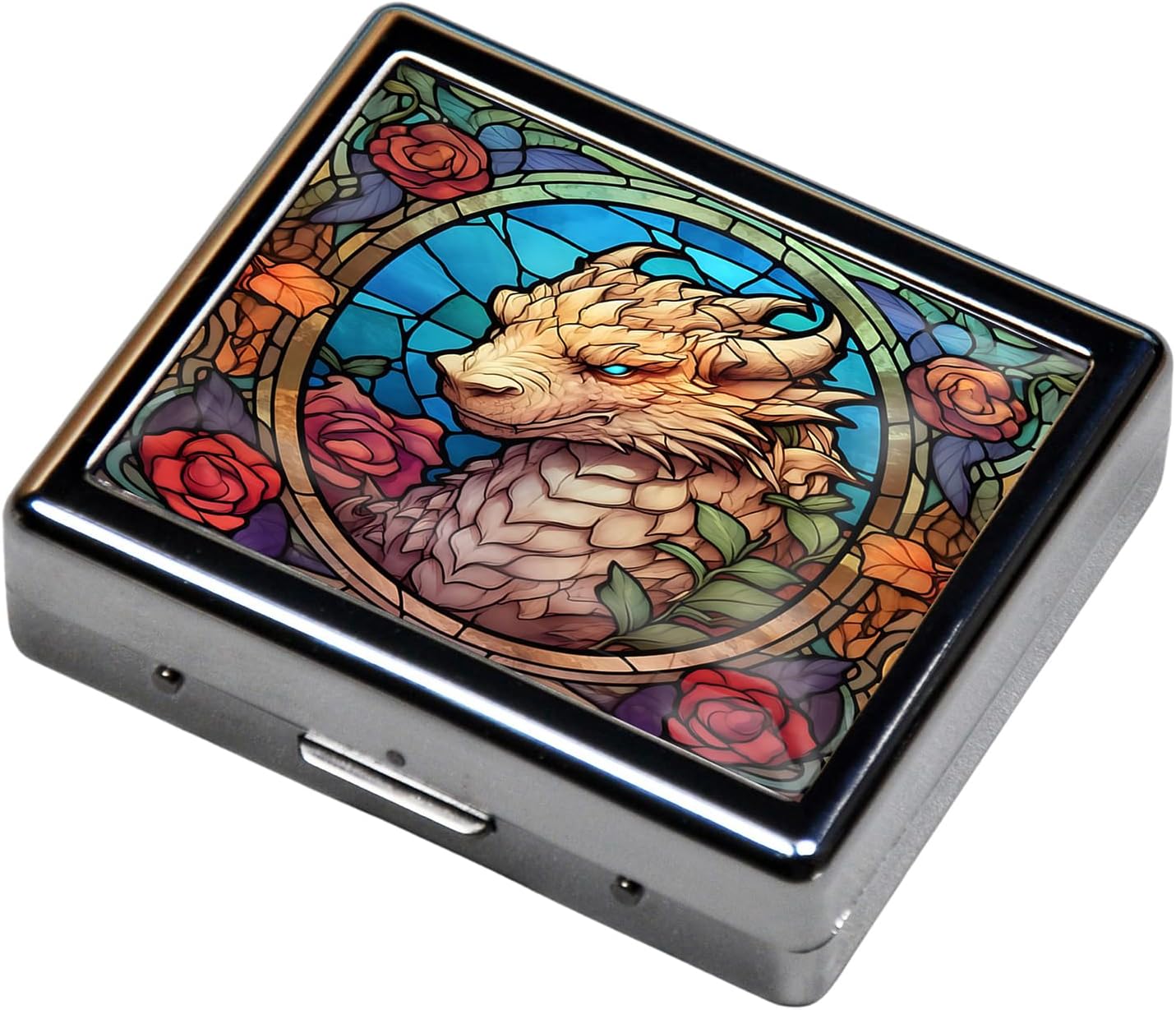 Silver Vintage Pill Box 7 Day Metal Pill Box with Mirror and 8 Compartments Cute Travel Pill Organizer for Purse (Dragon Stained Glass)
