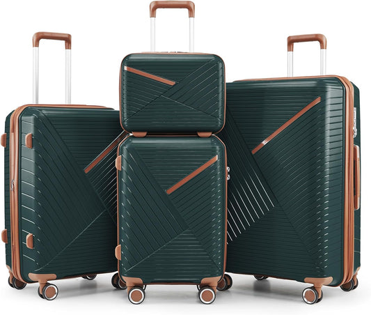 Campfun Luggage Sets 4 Piece, Expandable Carry On Luggage Set Hardshell PP, Suitcase Set with Double Spinner Wheels, Checked Durable Lightweight with TSA Lock, 14/20/24/28in, Dark Green Brown(B)