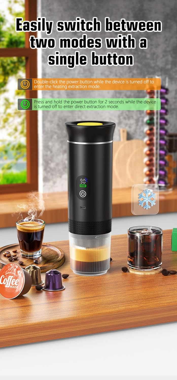 Portable Electric Coffee Maker, Digital Display, Compatible with Coffee Pods,Rechargeable Coffee Machine for Travel, Camping, RV,Home,Office (black)