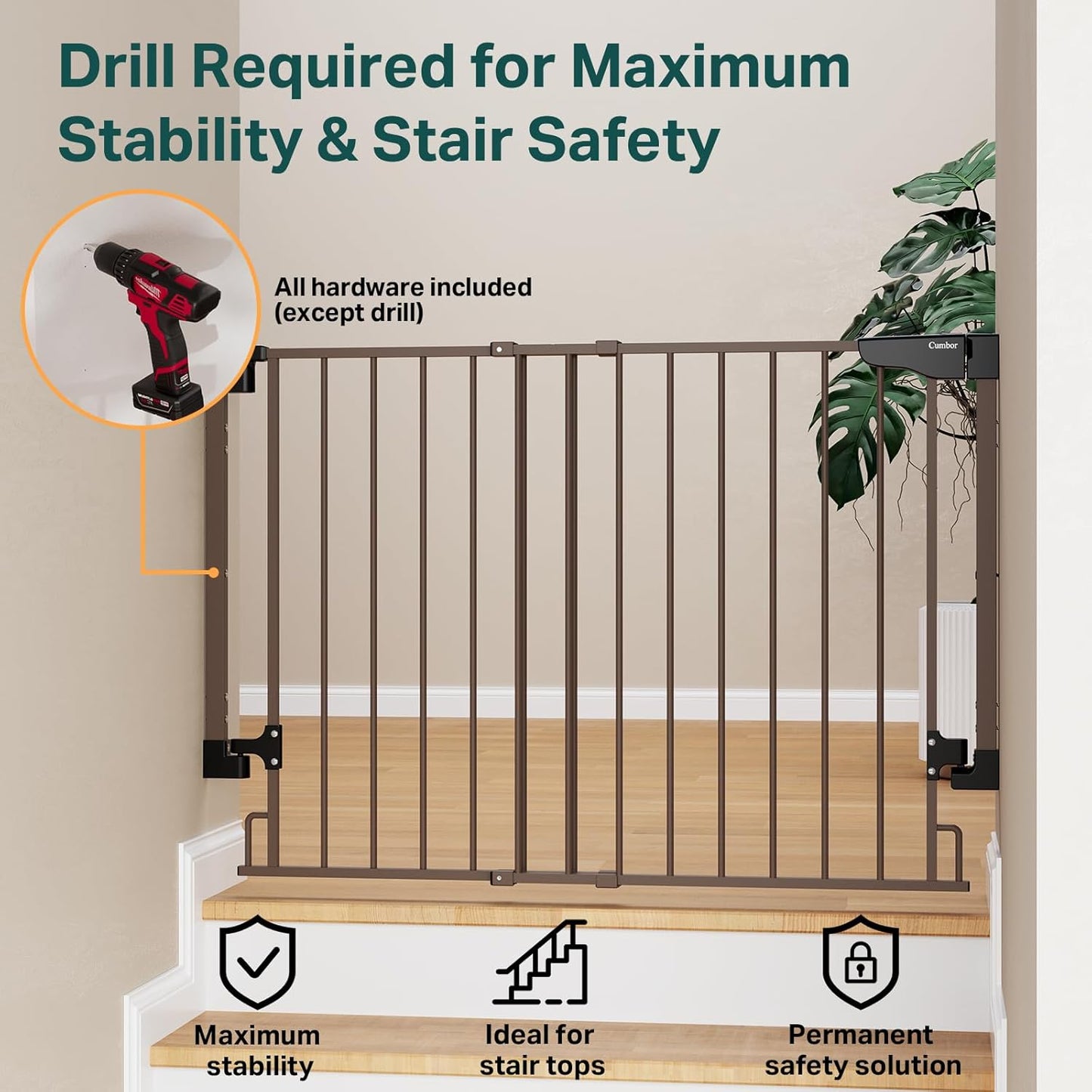 Cumbor 29.2–43" Baby Gate for Stairs, Wall-Mounted (Drill Required), Expandable No Bottom Bar Dog Gate, Auto Close Extra Wide Walk Thru, Pet & Toddler Proof Gate, Top & Bottom of Stairways (Brown)