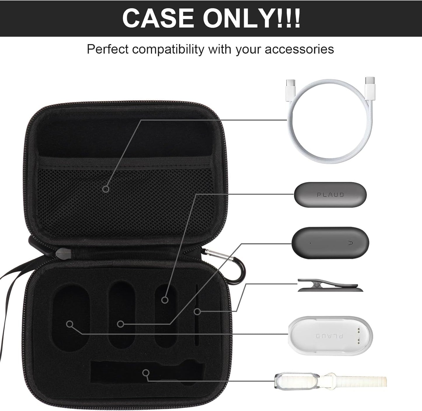 YouKnow Hard Case Compatible with PLAUD NotePin AI Voice Recorder - with Custom Foam Insert Holds Recorder, Magnetic Pin, Clip, Dock, Wristband & Cable (Case Only) (Black)