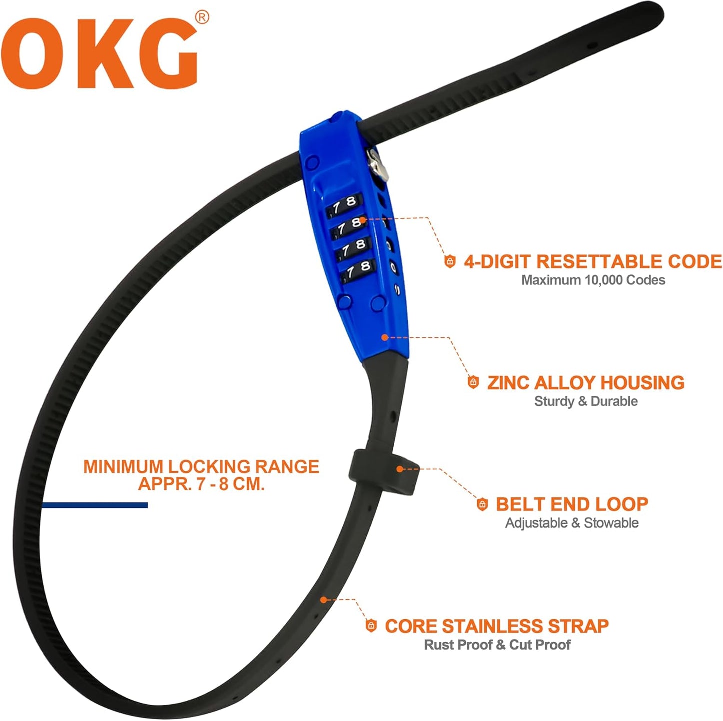OKG 4-Digit Combination Zip Tie Lock - Anti-Scratch Stainless Steel Cable Bike Lock with Resettable Code, Secure Helmets, Skis, Prams, Luggage, Cabinet, French Doors, and More (Blue)