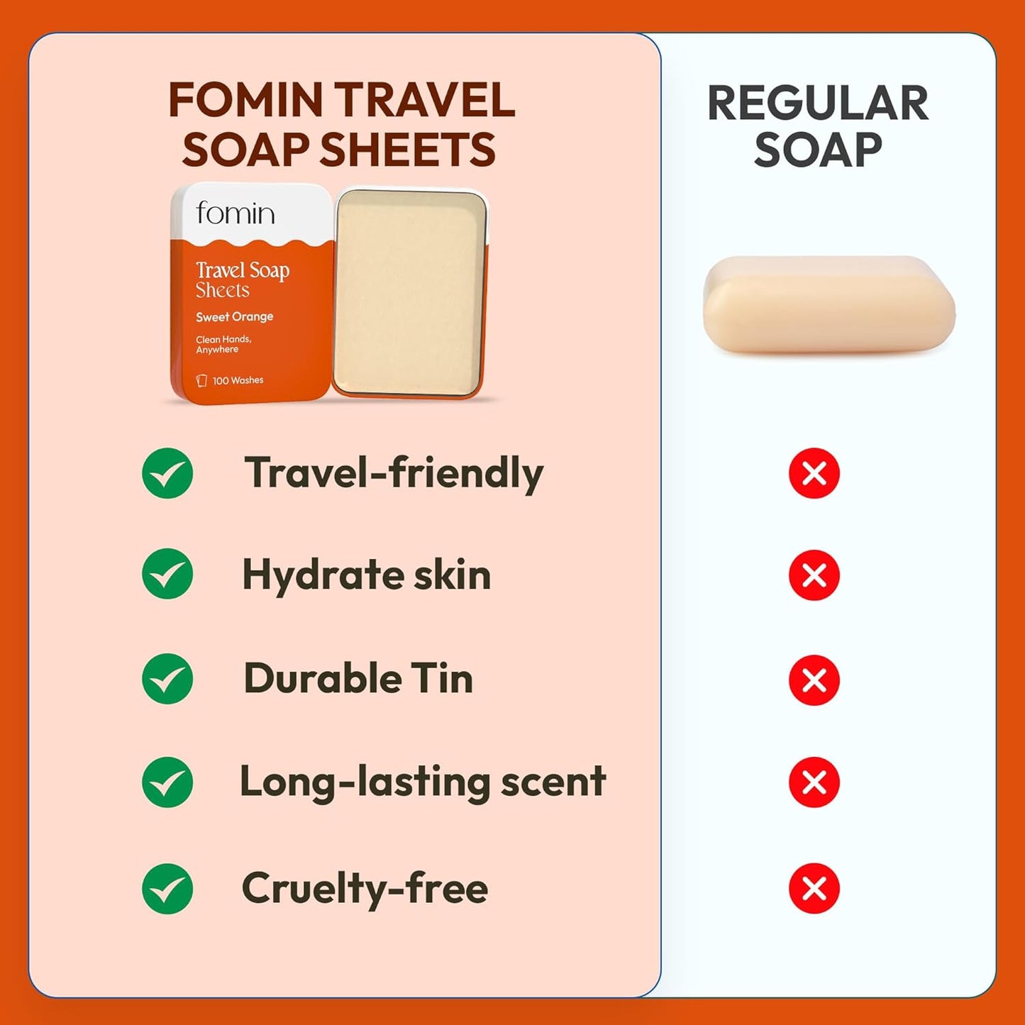 FOMIN - Antibacterial Paper Soap Sheets Tin for Traveling - (100 Sheets) Orange Portable Travel Hand Soap Sheet, Dissolvable Mini Camping Hand Soap for Hand Washing
