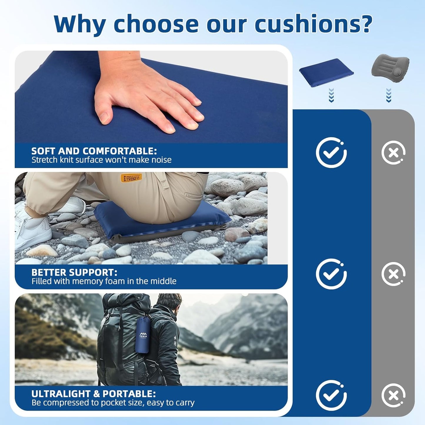 Inflatable Seat Cushion, Lightweight Self-Inflating Memory Foam Seat Cushion for Stadium Camping, Airplane Travel, Bleachers, Waterproof Portable Cushion Chair Pad with Carry Bag (Blue Grey)