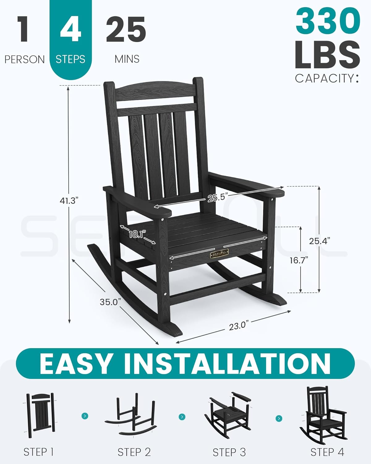 SERWALL Outdoor Rocking Chair Set of 2, HDPE Patio Rocking Chair All-Weather Porch Rocker for Balcony, Yard, Black