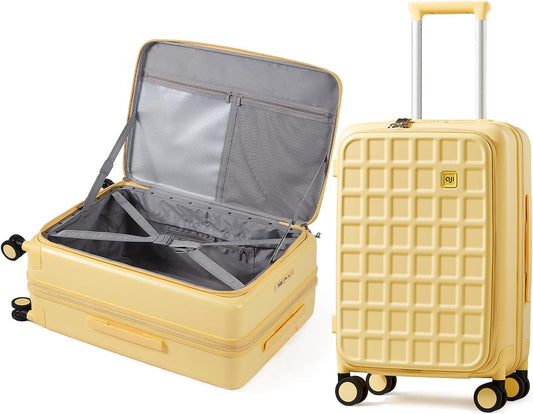 aji Expandable Top Opening Carry On Luggage Airline Approved, 20 Inch Lightweight Hardside Carry On Suitcase with Spinner Wheels, Travel Luggage with Laptop Compartment for Women Men, Cheese Yellow