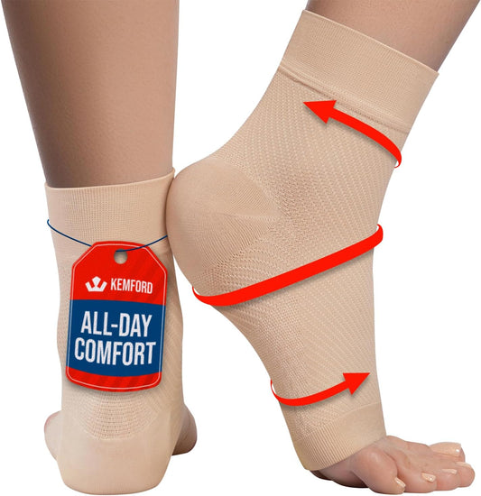 KEMFORD Ankle Compression Sleeve - Plantar Fasciitis Braces - Open Toe Compression Socks for Swelling, Sprain, Neuropathy, Foot Arch Support for Men and Women - 15-20mmhg, L, Beige
