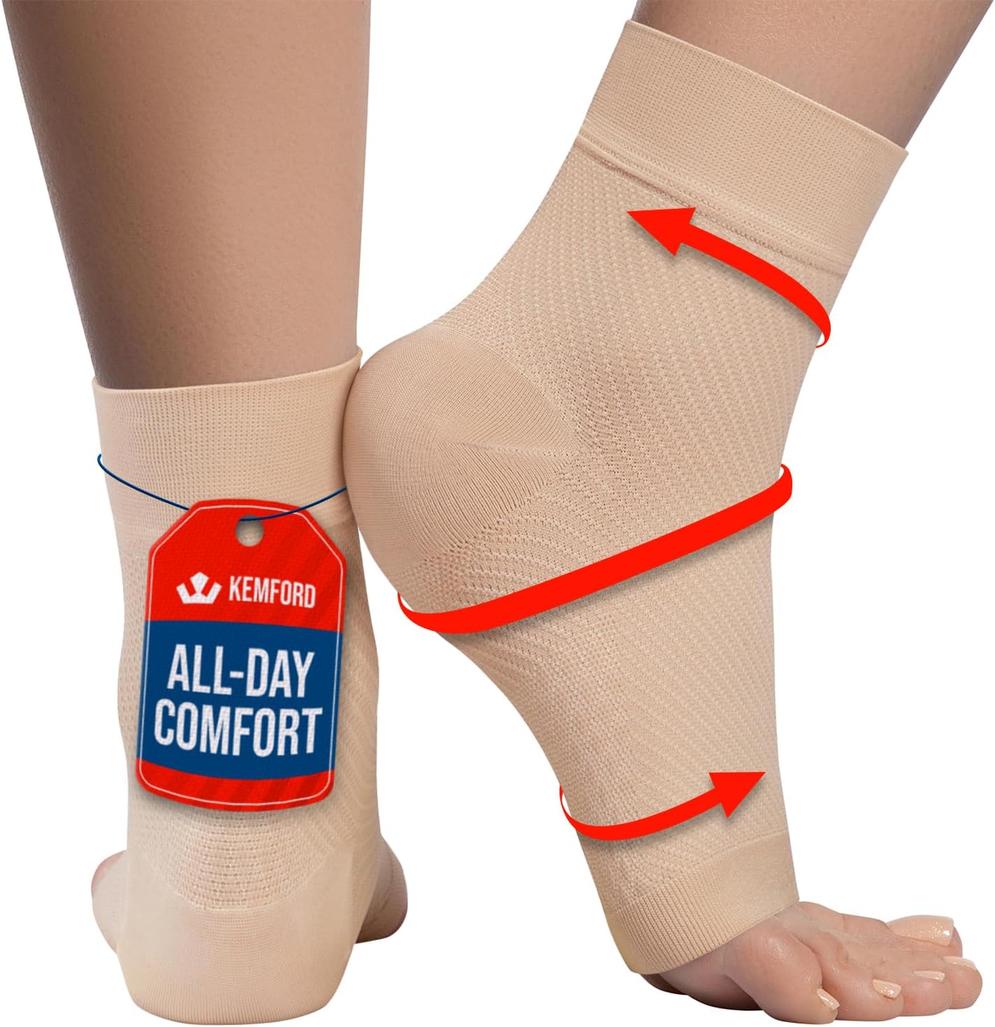 KEMFORD Ankle Compression Sleeve - Plantar Fasciitis Braces - Open Toe Compression Socks for Swelling, Sprain, Neuropathy, Foot Arch Support for Men and Women - 15-20mmhg, XL, Beige
