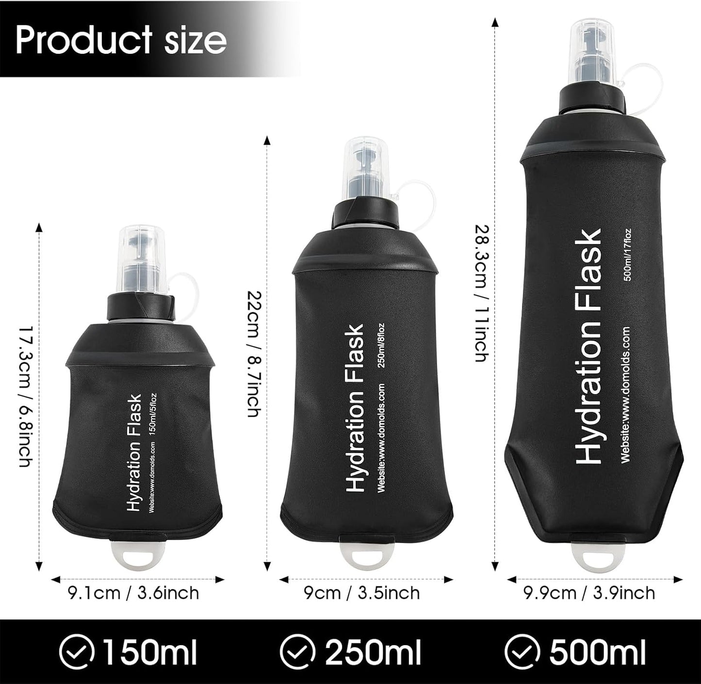 GYGYL Soft Flask, TPU Collapsible Soft Water Bottle for Hydration Pack, Running Vest, Leak-Proof Folding Water Bottle for Hiking Cycling Climbing Jogging-250ml Black