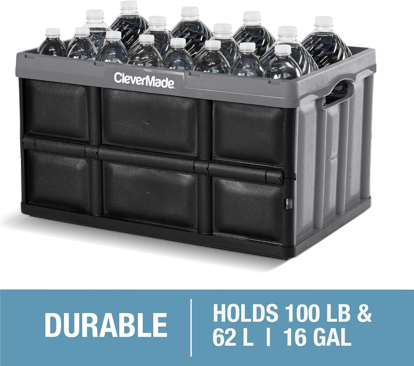 CleverMade Collapsible Storage Bins - Ocean 3 Pack 62L / 16 Gal holds 100 lbs - Stackable Containers Heavy Duty Capacity Crates-Space-Saving