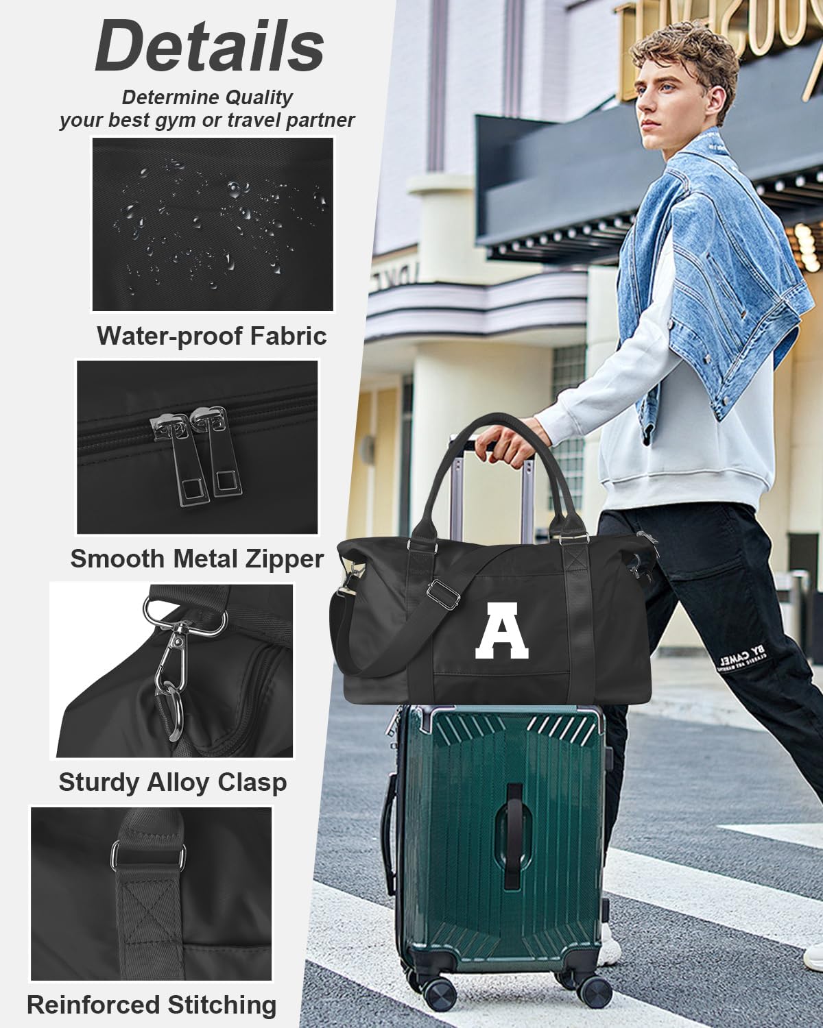 Initial Travel Duffel Bag Sports Gym Bag for Boys Teen Birthday Gifts,Black Personalized Weekender Bag Carry On Tote Bags for Men,Waterproof Overnight Luggage Bag Airplane Travel Essentials(Letter A)