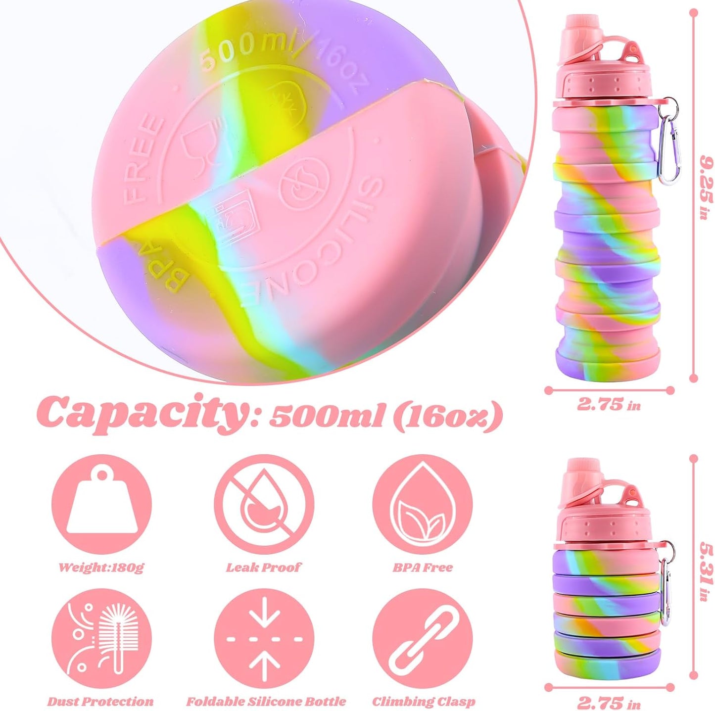 Collapsible Water Bottle for Adults, Boys, Students, Kids, Reusable Silicone Foldable Water Bottles for Travel Camping Hiking Sports,Leak-Proof Portable Sports Water Bottle (Pink & Blue)