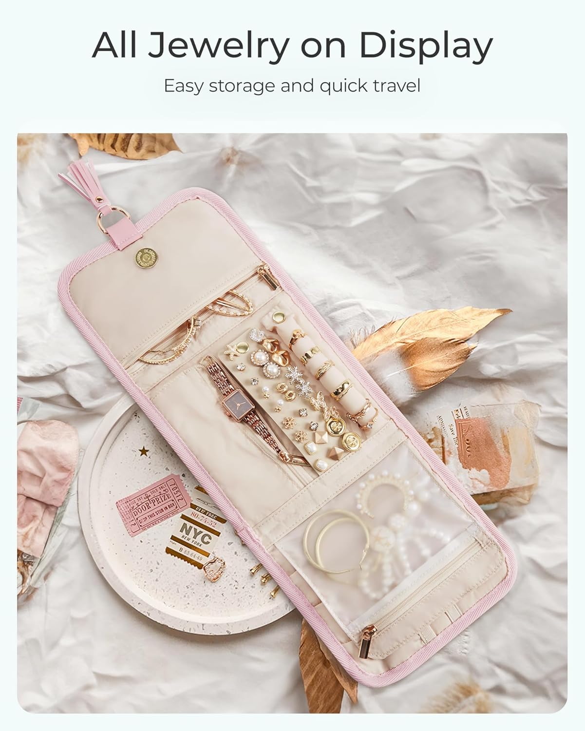 BAGSMART Travel Jewelry Case Organizer, Roll Foldable Jewelry Case for Journey-Rings, Necklaces, Earrings, Bracelets, Brooches, Min, Pink