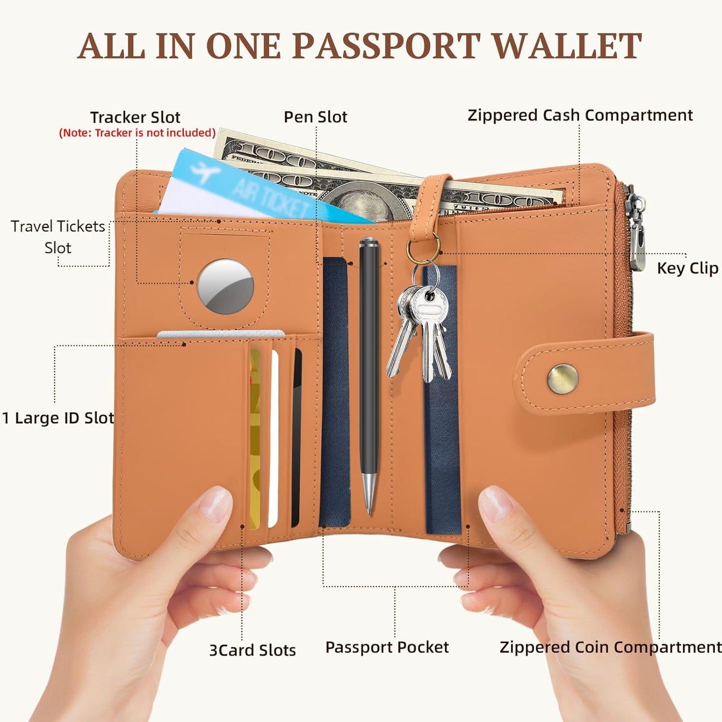 Full Grain Leather Passport Wallet, RFID Blocking Passport Holder with AirTag Slot, Multi Compartment Travel Wallet for Women & Men, Secure Passport Cover Case for Airport Essentials (Brown)
