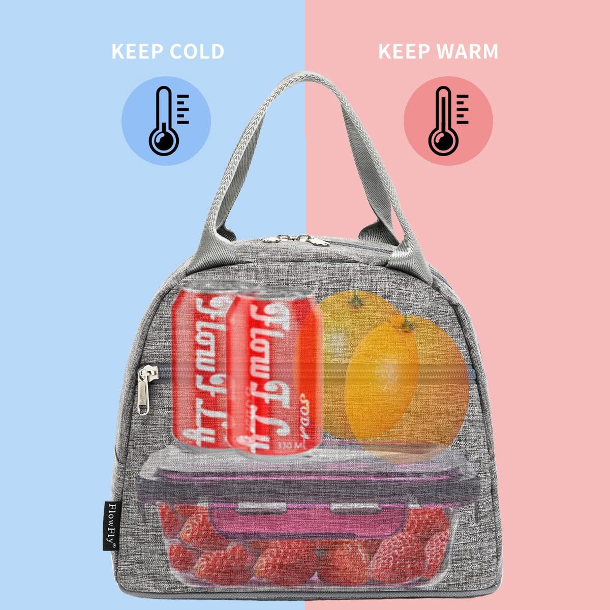 FlowFly Insulated Lunch Cooler Bag - Tote Bag Organizer for Women/Men, Heather Grey