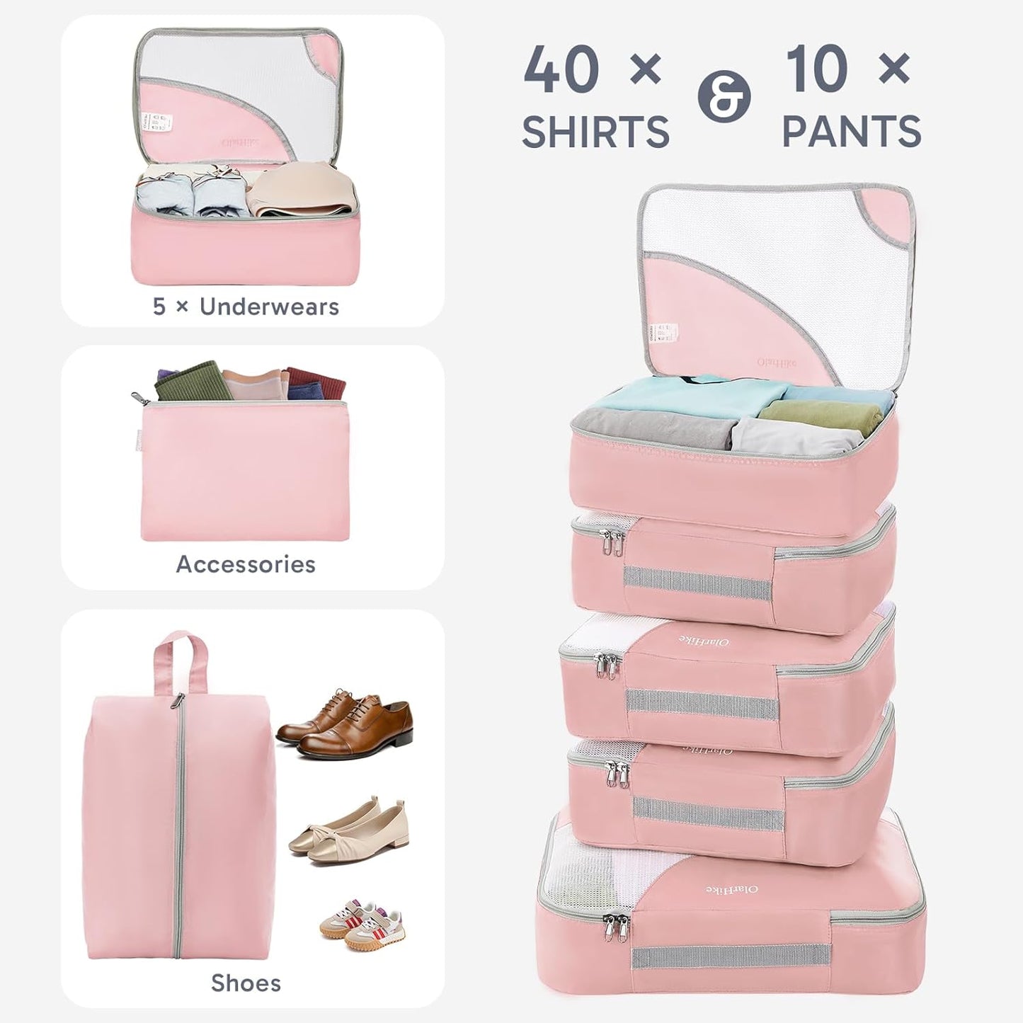 ALL INCLUDED 10 Set Durable Packing Cubes for Suitcases,OlarHike Essentials for Travel, UPGRADED Anti-Tear Stitching, NEW Improved Luggage Packing Organizers for Travel Accessories (Pink)